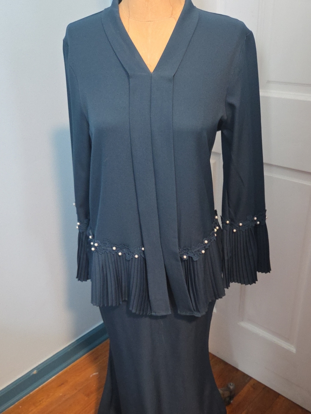 Antik Batik Navy Blue Pleated Hem Dress with Pearl Trim